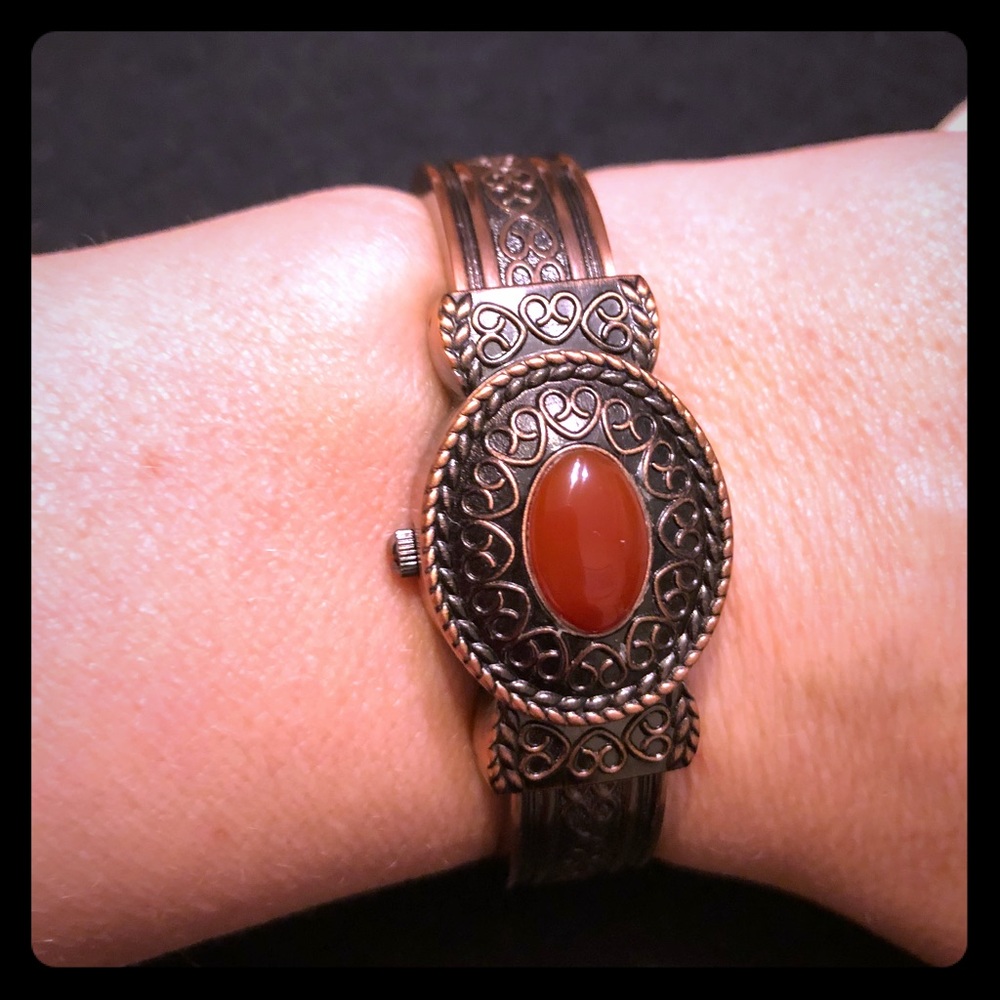 Elegant Bronze Women's Watch with Red Accent